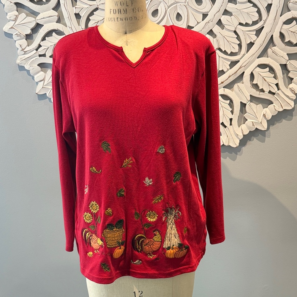 Vintage Karen Scott Cotton Rich fall collection Floral Rooster Design top
